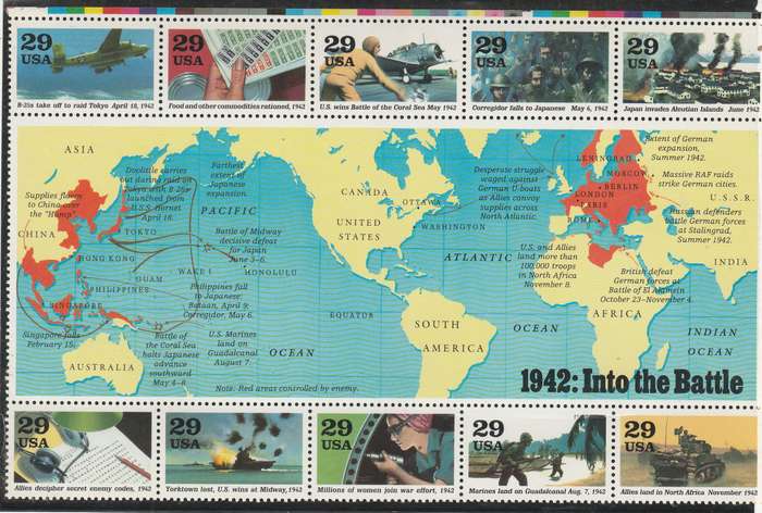 A USA MINI SHEET 1942 INTO THE BATTLE MINT** LOOK SCAN