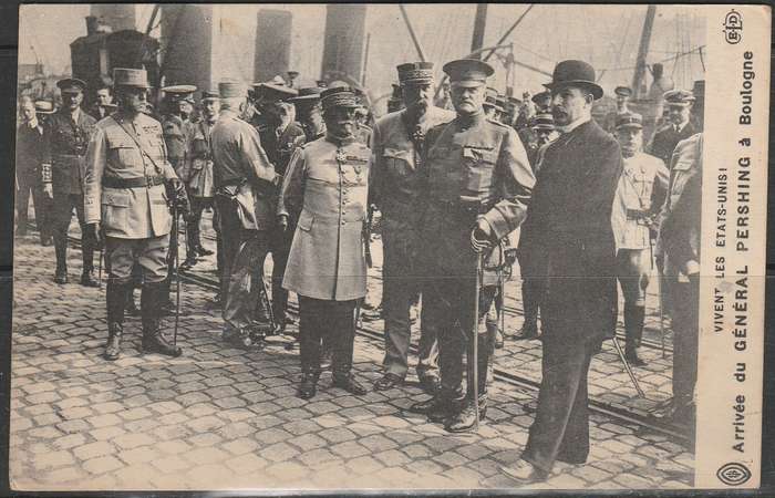 A PICTURE POST CARD FROM PARIS WITH A LABEL FRANKED AIR CRAFT BACK FRONT ARRIVAL OF GENERAL PERSHING