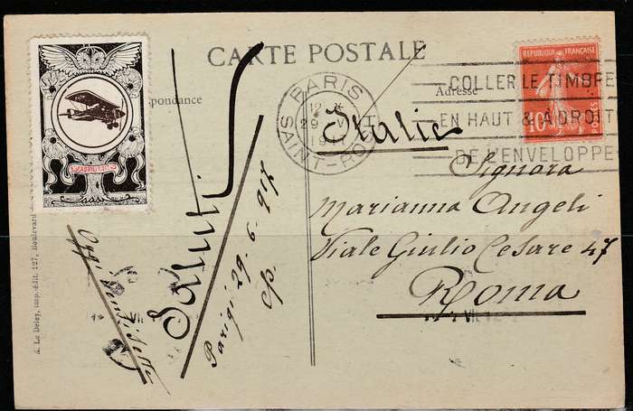A PICTURE POST CARD FROM PARIS WITH A LABEL FRANKED AIR CRAFT BACK FRONT ARRIVAL OF GENERAL PERSHING