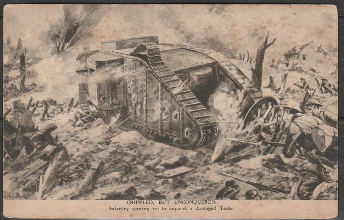 A PICTURE POST CARD  SHOWING A BRITISH TANK CRIPPLED BUT UNCONQUERED MINT LOOK SCAN