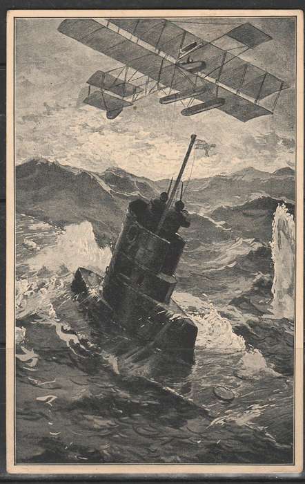 EARLY AIR CRAFT BOMMING A SUB POST CARD GERMAN FELD POSEXPED CACHET APPLIED  LOOK SCAN X 2
