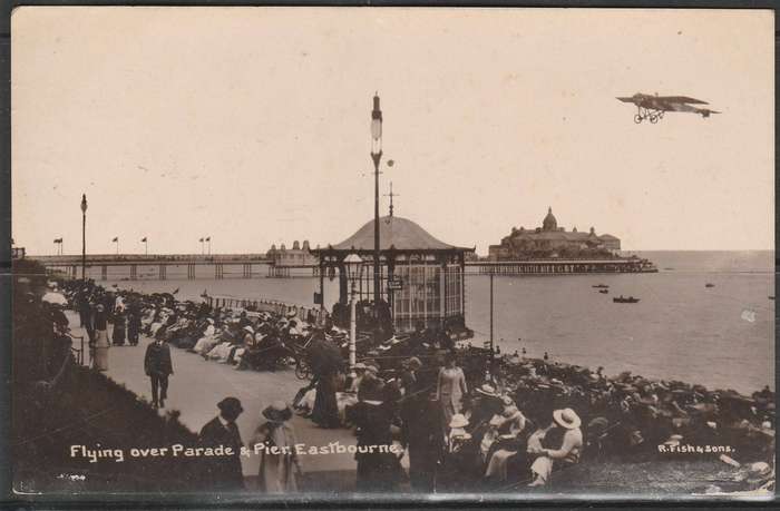 A REAL PHOTO POST CARD FLYING OVER PARADE & PIER EASTBOURNE F.U. LOOK SCAN X2