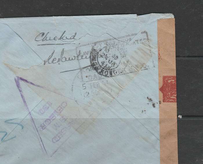 A CENSORED COVER FROM HONG KONG TO INDIA WITH TAB AND CACHETS FRONT/BACK LOOK SCAN X 2