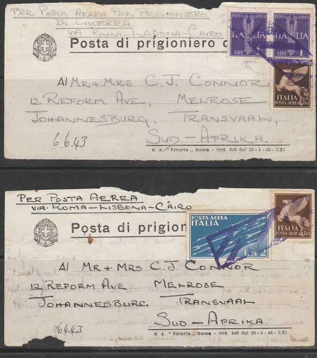 TWO FRONTS FROM ITALY PRISONER OF WAR TO JOHANNESBURG DIFFERENT FRANKING LOOK SCAN