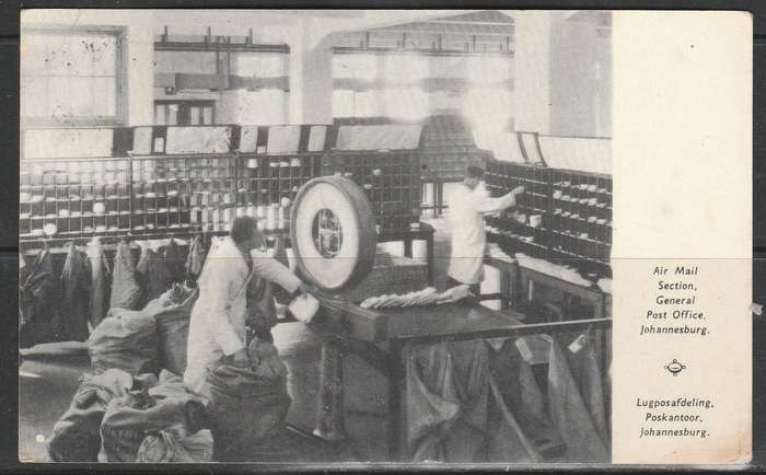 A LOVELY POST CARD JHB INTER NATIONAL EXHIBITION SORTING AIR MAIL SECTION GPO JHB LOOK SCAN X 2
