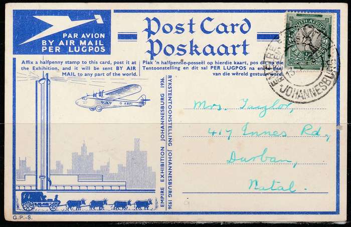 A LOVELY POST CARD JHB INTER NATIONAL EXHIBITION RAND AIRPORT SAA AND POSTAL VAN LOOK SCAN X2
