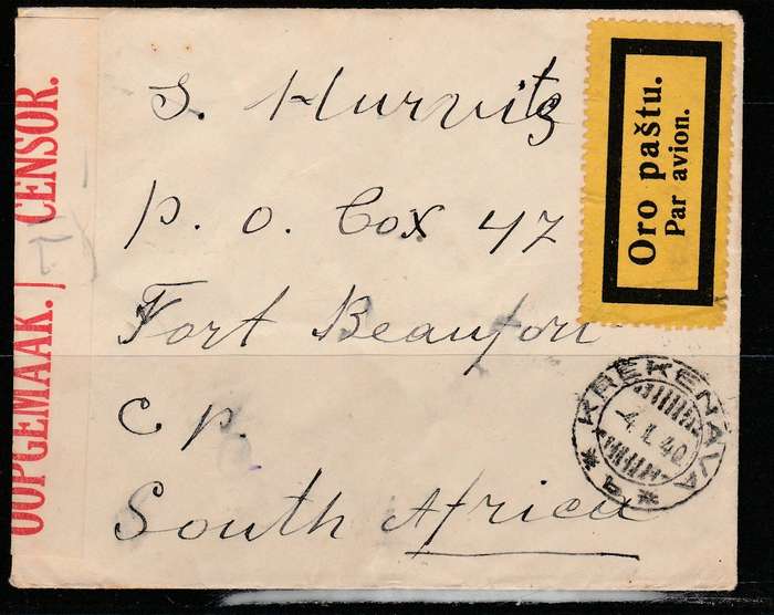 A LOVELY COVER FROM LITHUANIA TO SOUTH AFRICA 1940 CENSOR TAB APPLIED AND AIR MAIL LABEL LOOK SCAN