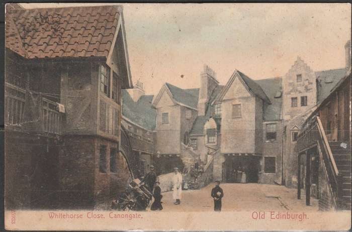 A LOVELY POST CARD PICTURE WHITEHORSE CLOSE CANONGATE MAILED FROM EDINBURGH TO S. A. 1906