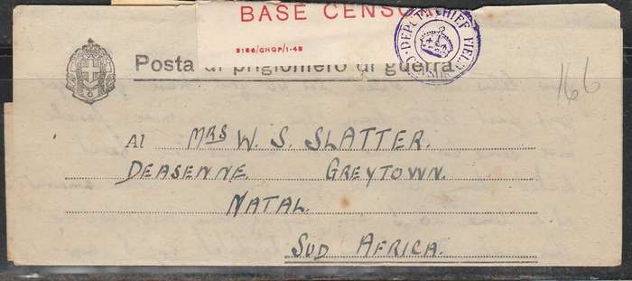 A PRISONER OF WAR FROM ITALY TO GREYTOWN SOUTH AFRICA CENSOR TABS APPLIED FULL LETTER LOOK SCAN X 2