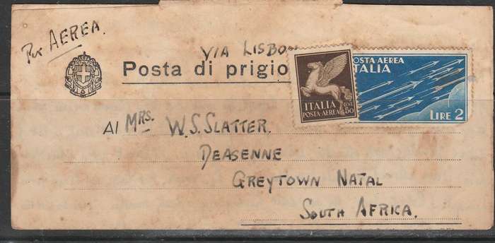 A COVER FROM ITALY AIR MAIL TO SOUTH AFRICA STAMPS NOT CANCELLED WITH CENSORED STRIKES BACK READ