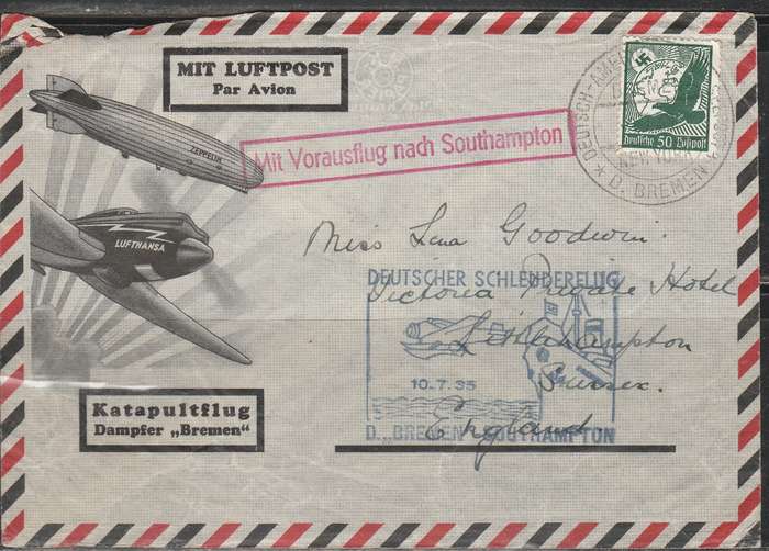 A COVER ON BOARD POST SENT AHEAD FROM SHIP 1935 CACHETS APPLIED BACK HAS A HAND WRITTEN NOTE
