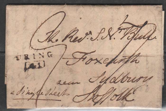 A FOLDED LETTER FROM TRING TO (?????) WITH MANASCRIPT FRONT BACK RED 1815 CANCEL LOOK SCAN X 2