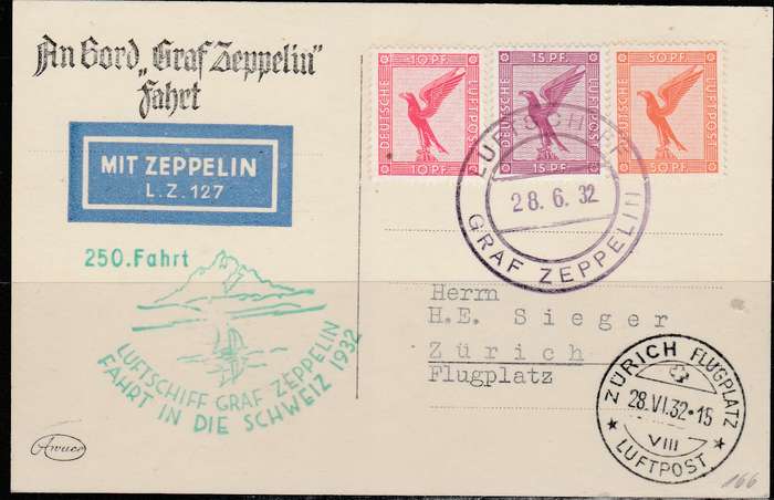 POST CARD ZEPPELIN POSTED ON BOARD 1932 TO MR ZEPPELIN WITH CACHETS LZ 127 LOOK SCAN X 2