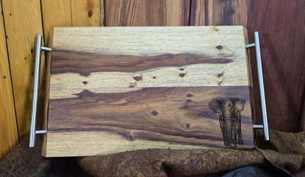 Rustic Teak Wooden Tray with Stainless Steel Handles 500mm x 200mm X 22mm