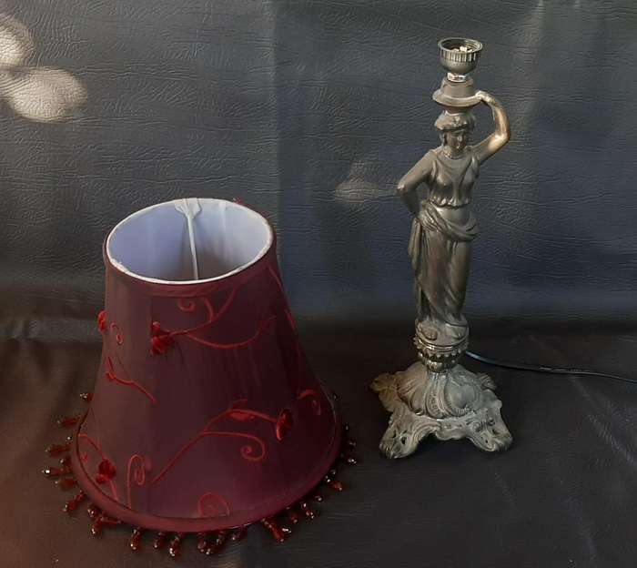 PEWTER STATUE LAMP WITH BURGUNDY SHADE  ELEGANT FUNCTIONAL ART
