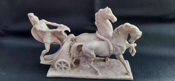CHARIOT OF GLORY  DYNAMIC HORSE-DRAWN SCULPTURE IN MARBLE-LOOK RESIN (26CM)