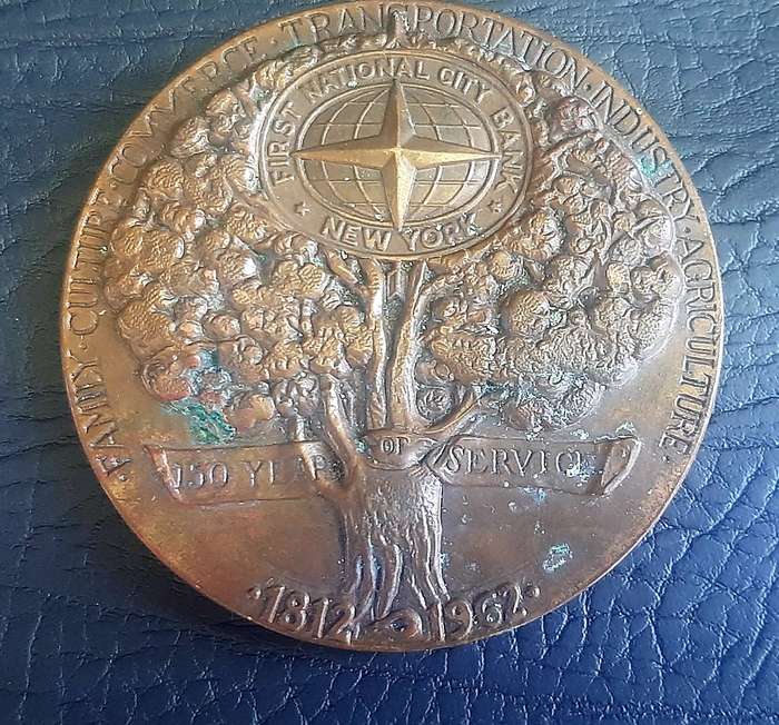 FIRST NATIONAL CITY BANK  HEAVY BRASS/COPPER COMMEMORATIVE MEDALLION (7.5CM)