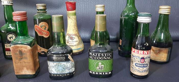 GREEN GLASS MINIATURE LIQUOR BOTTLES  VINTAGE BAR DISPLAY LOT OF 12