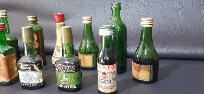 GREEN GLASS MINIATURE LIQUOR BOTTLES  VINTAGE BAR DISPLAY LOT OF 12