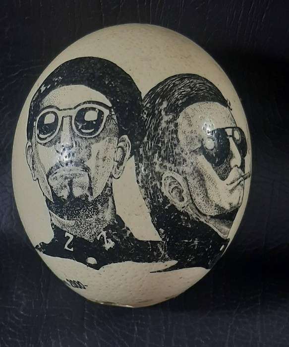 BONO & THE EDGE  "THE FLY" ERA PORTRAIT ETCHED ON OSTRICH LEG  ONE-OF-A-KIND ROCK RELIC