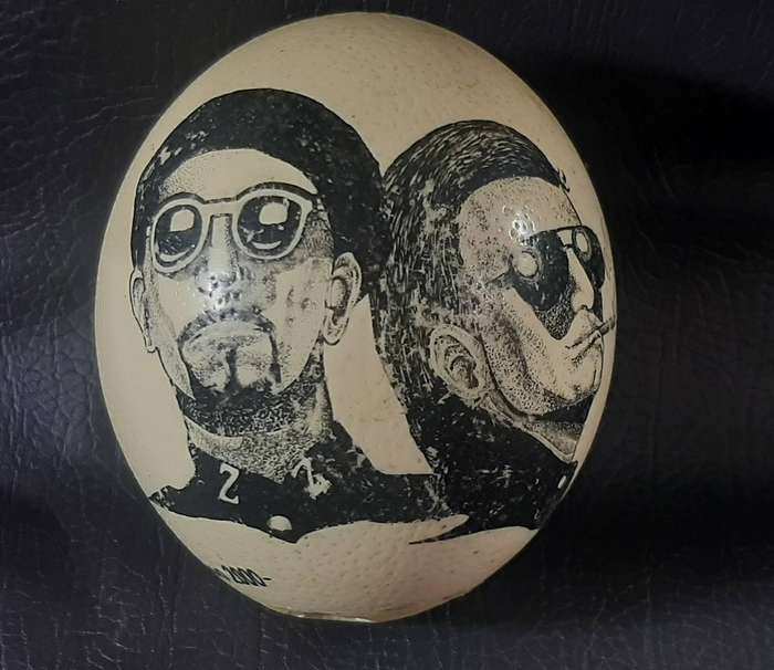 BONO & THE EDGE  "THE FLY" ERA PORTRAIT ETCHED ON OSTRICH LEG  ONE-OF-A-KIND ROCK RELIC