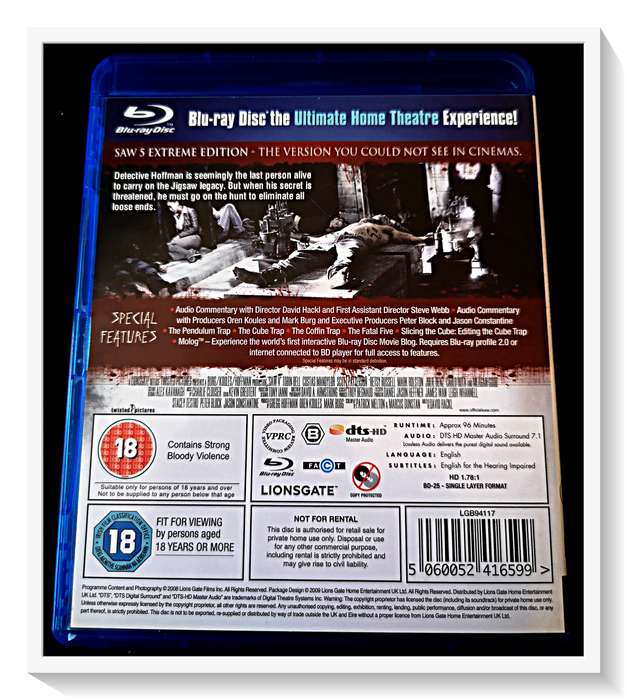 SAW V - Blu-Ray - EXTREME EDITION - PG18VHL - Disc and Casing in Excellent Condition ***