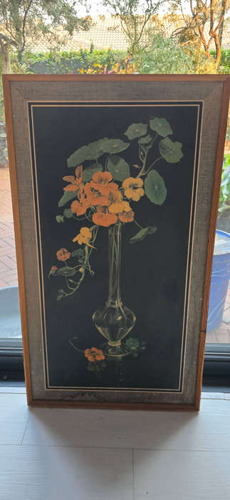 Vintage Framed Botanical Print  Nasturtiums in Vase