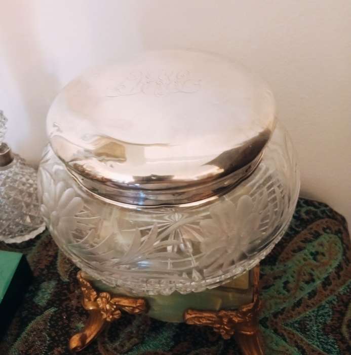 A large cut crystal bowl & sterling lid
