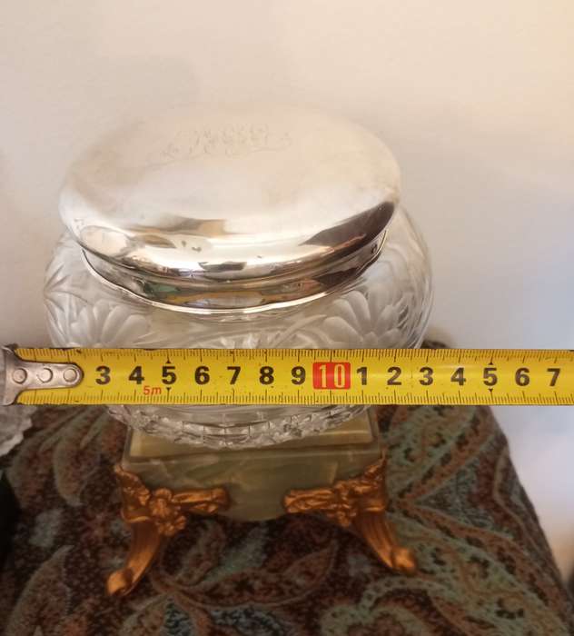 A large cut crystal bowl & sterling lid