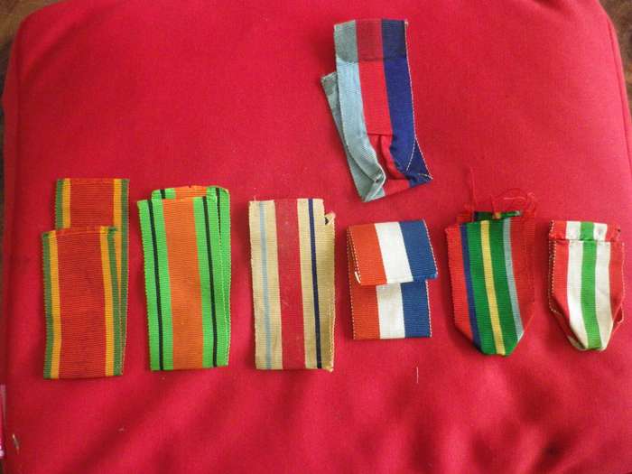 BRITISH ARMY + COMMONWEALTH -  LOT OF 7  WW2 FULL SIZE RIBBONS, SEE LIST BELOW    (150)