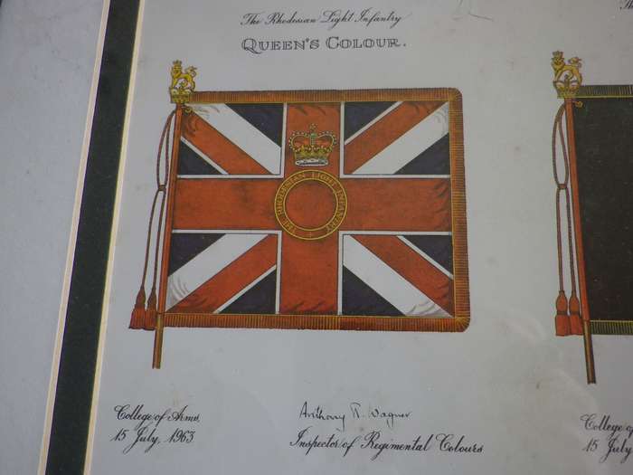 RHODESIAN LIGHT INFANTRY - FRAMED HISTORY OF UNITS COLOURS, PARADED 1963-80 SIZE 34.5 X 40.5cm (8708