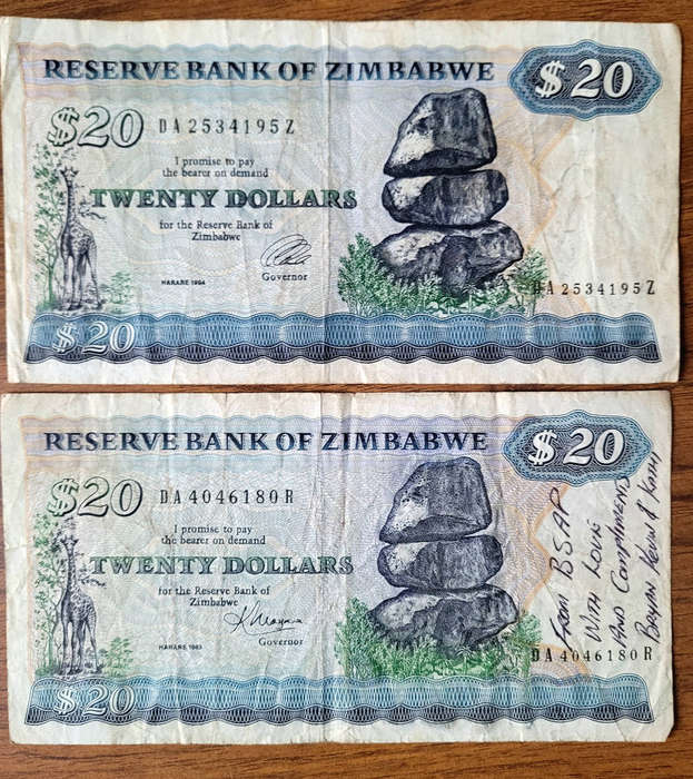JOB LOT 1979-1994... 5x RHODESIA/ZIMBABWE Bank Notes (Lot). Bid Per Lot) Selling As Pictured...