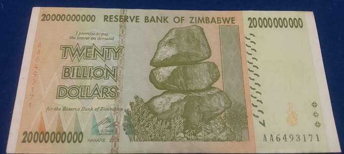 BANK OF ZIMBABWE TWENTY BILLION DOLLARS BANKNOTE -  GREAT CONDITION - A-NUMBER