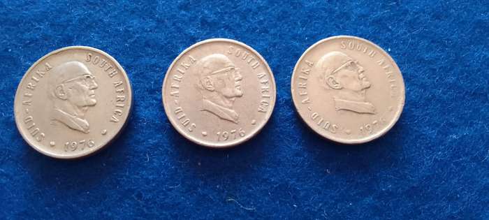 RSA Five cent nickel coins (1976) 3 coins- circulated