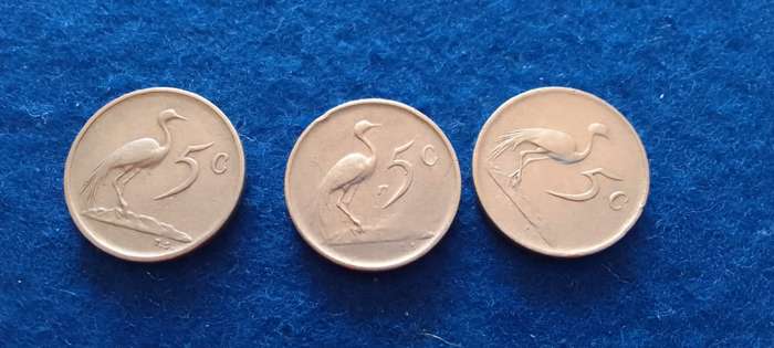 RSA Five cent nickel coins (1976) 3 coins- circulated