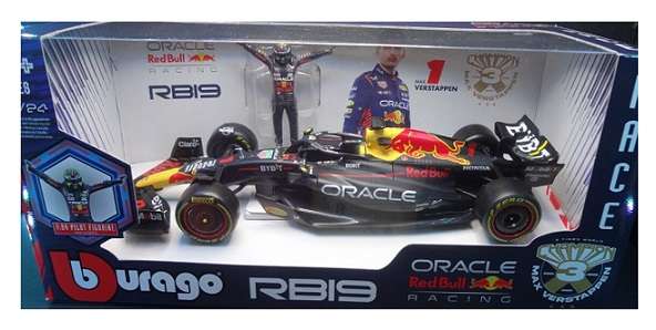 Burago 28036 Formula 1 F1 Red Bull RB19 No 1 Verstappen with figurine 3 times World Champ