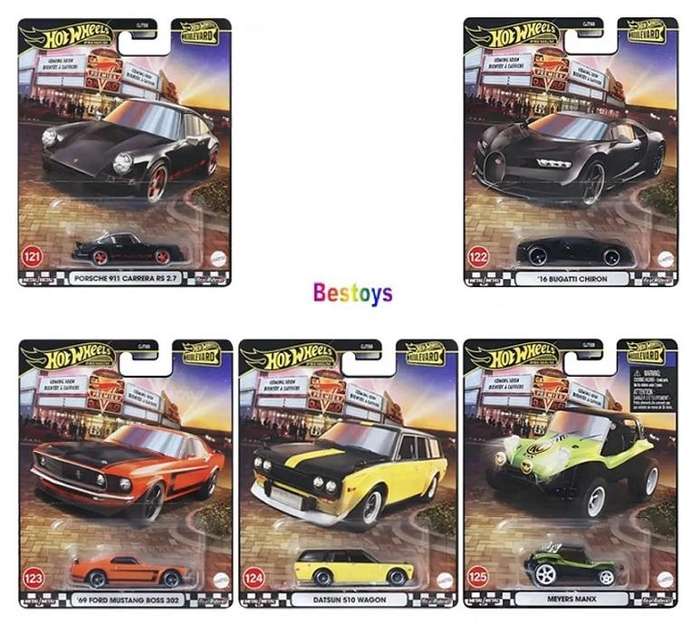 Hot Wheels Boulevard GJT68 Set 121-125 Datsun 510 Porsche 911 Bugatti Mustang Boss Meyers Manx