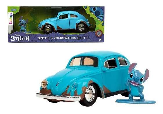 JADA Diecast Model Car 33251 Hollywood VW Volkswagen Beetle + Stitch Figurine Disney 1/32 scale
