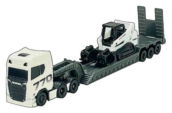 Maisto Mini Work Machines Diecast Model Scania 770 S Truck + lowbed trailer + Bobcat Skidsteer