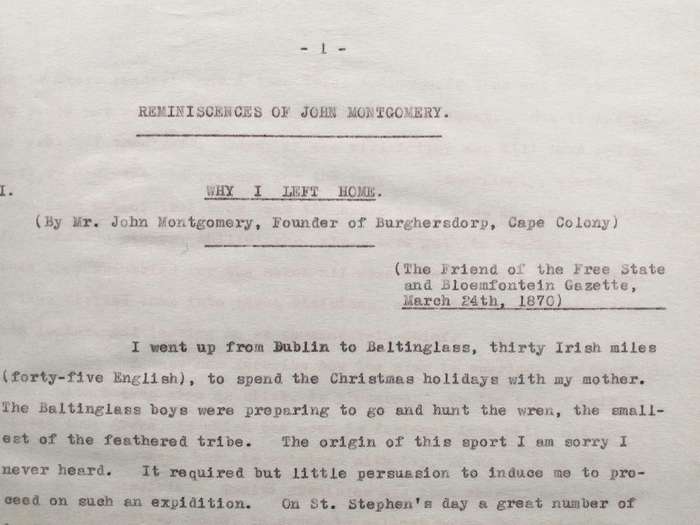 Reminiscences of John Montgomery founder of Burghersdorp - Original typed manuscript