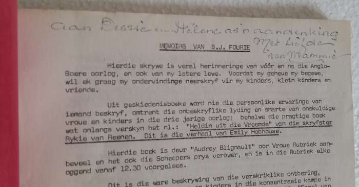 Memoirs SJ Fourie (privately published type manuscript) Some Anglo Boer war content