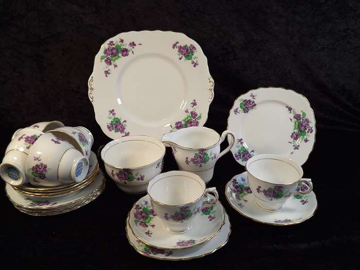 Vintage 1940's Purple Violets Colclough Bone China Tea Service.