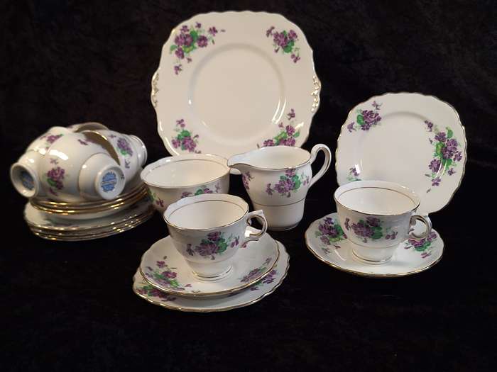 Vintage 1940's Purple Violets Colclough Bone China Tea Service.