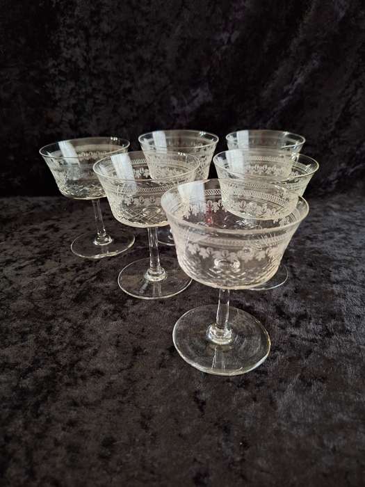 Stunning Edwardian Pall Mall - Lady Hamilton Etched Antique Champagne Glasses (Hand Made)