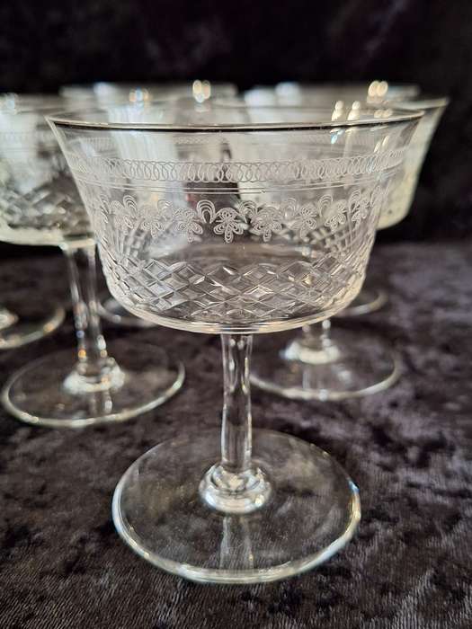 Stunning Edwardian Pall Mall - Lady Hamilton Etched Antique Champagne Glasses (Hand Made)