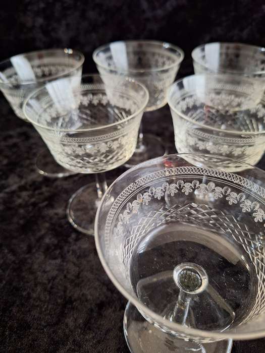 Stunning Edwardian Pall Mall - Lady Hamilton Etched Antique Champagne Glasses (Hand Made)