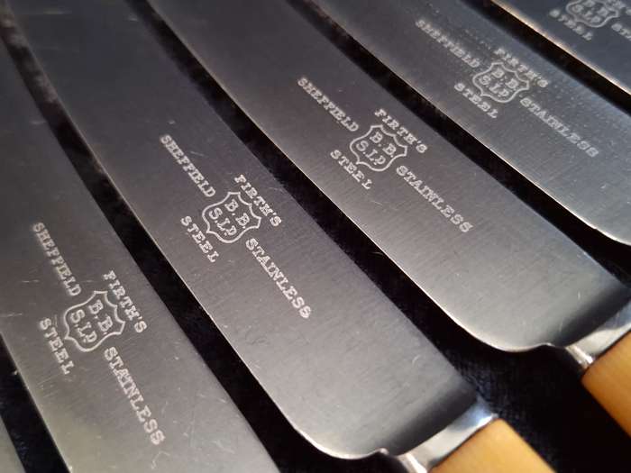 Vintage Set of 6 Firth's Sheffield Stainless-Steel Dinner Knifes (Faux Bone Handles)