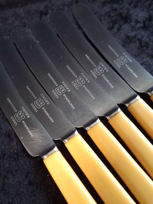 Vintage Set of 6 Firth's Sheffield Stainless-Steel Entrée Knifes (Faux Bone Handles)