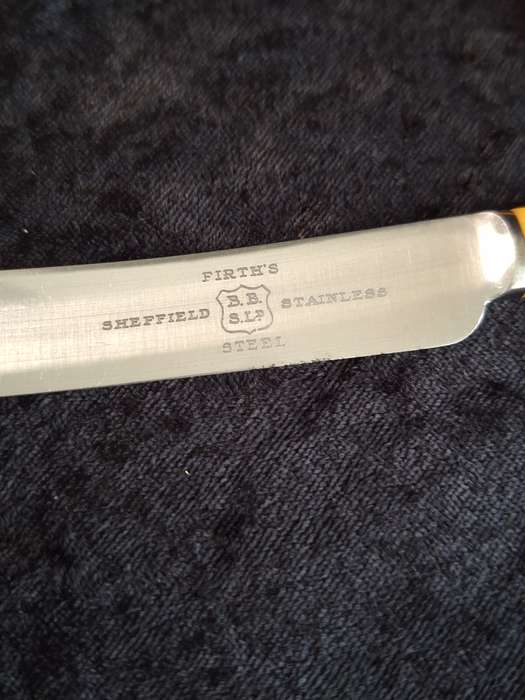 Vintage Set of 6 Firth's Sheffield Stainless-Steel Entrée Knifes (Faux Bone Handles)