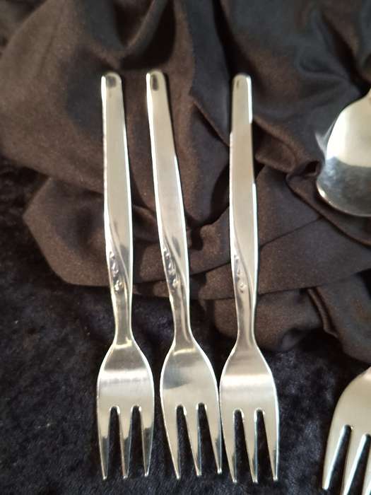Vintage Set of 6 Stainless Steel Cake Forks & Sugar Spoon Set.